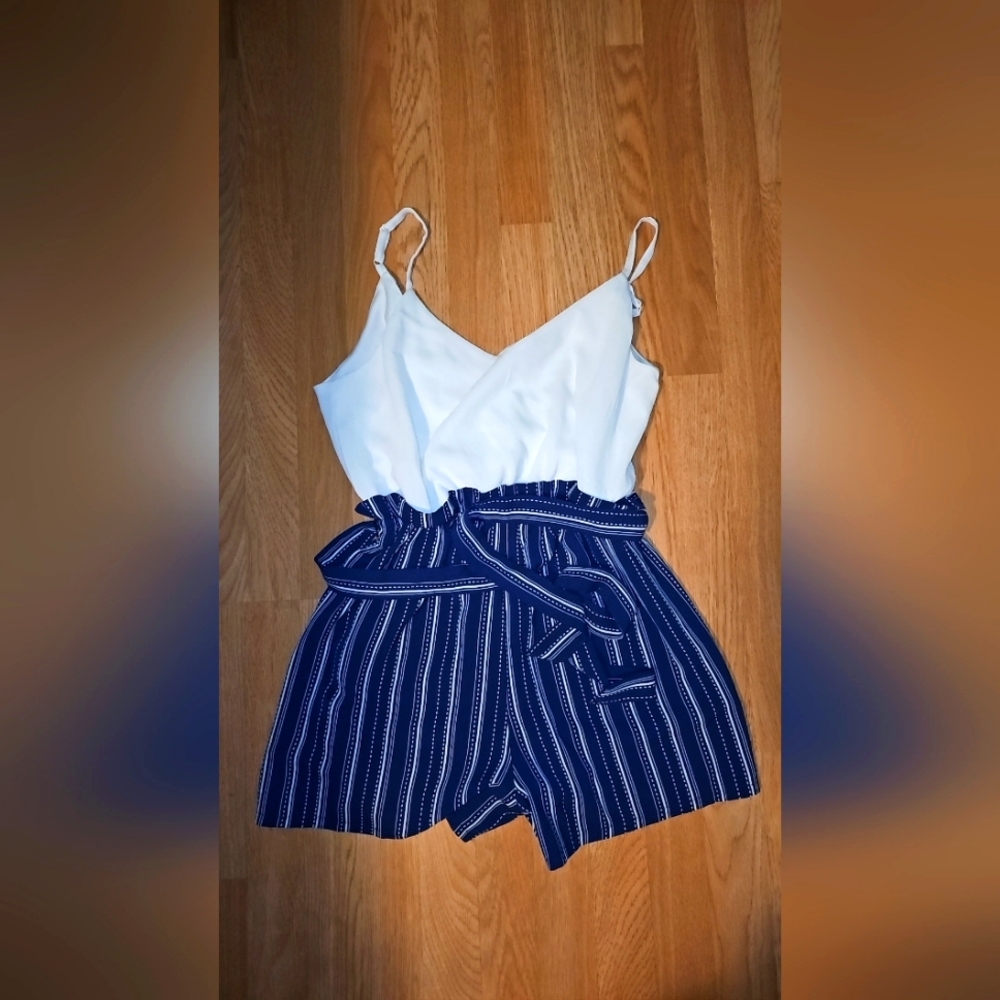 White with navy blue romper